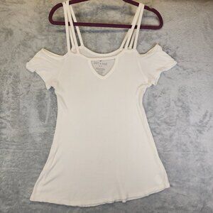 American Eagle Soft and Sexy White Ribbed Cold Shoulder Top Womens Medium